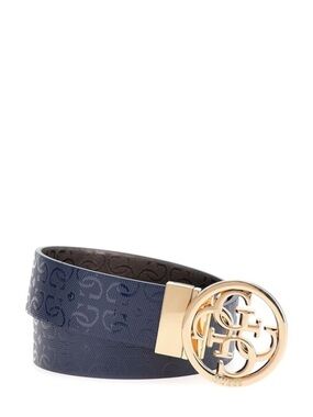 NewGuess Navy Signature Logo Belt with Gold Round Buckle